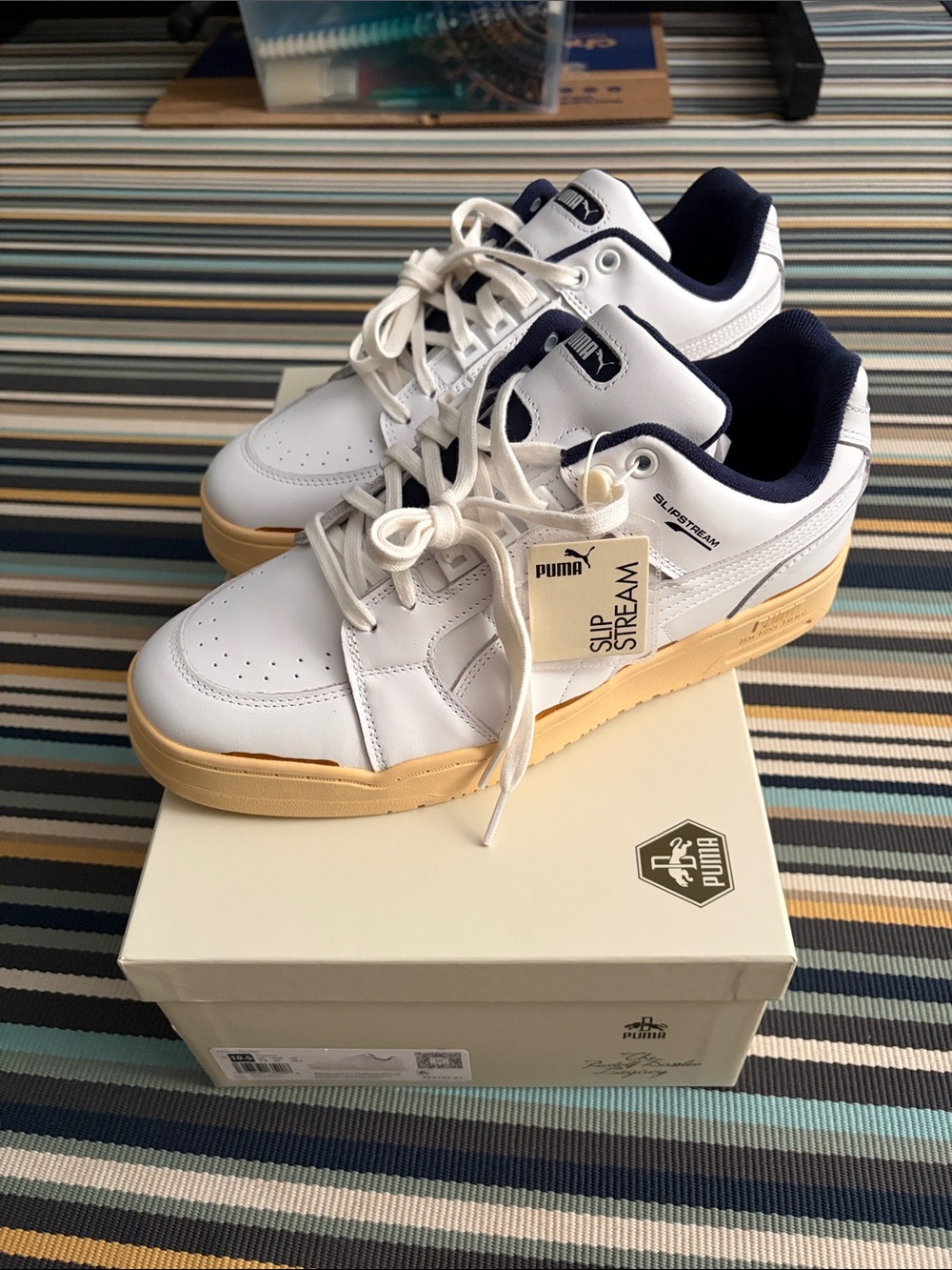 Puma Men's Slipstream Leather Sneakers - White, Navy & Tan Sole